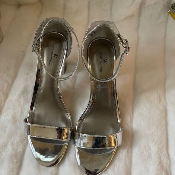 worthington metallic silver ankle straps block heels open toe size 9.5 - Picture 10 of 10